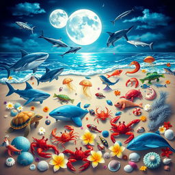 Create a lively and colorful beach scene under a full moon, featuring a variety of sea animals including sharks, seals, whales, dolphins, turtles, jellyfish, shrimp, lobsters, crabs, and various fish