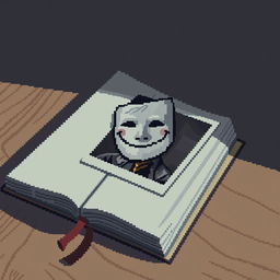 A pixel art image of an open diary lying on a wooden table