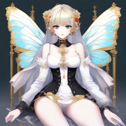 A fair-skinned slender tall anime woman with short blonde-silver hair adorned with gold butterfly clips and front bangs, wearing gold butterfly earrings