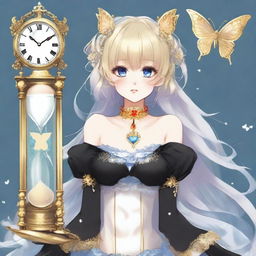 A fair-skinned slender tall anime woman with short blonde-silver hair adorned with gold butterfly clips and front bangs, wearing gold butterfly earrings