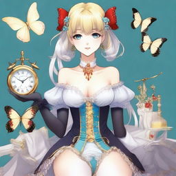 A fair-skinned slender tall anime woman with short blonde-silver hair adorned with gold butterfly clips and front bangs, wearing gold butterfly earrings