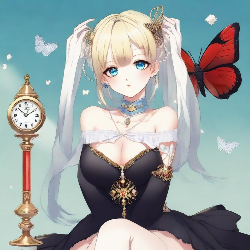 A fair-skinned slender tall anime woman with short blonde-silver hair adorned with gold butterfly clips and front bangs, wearing gold butterfly earrings