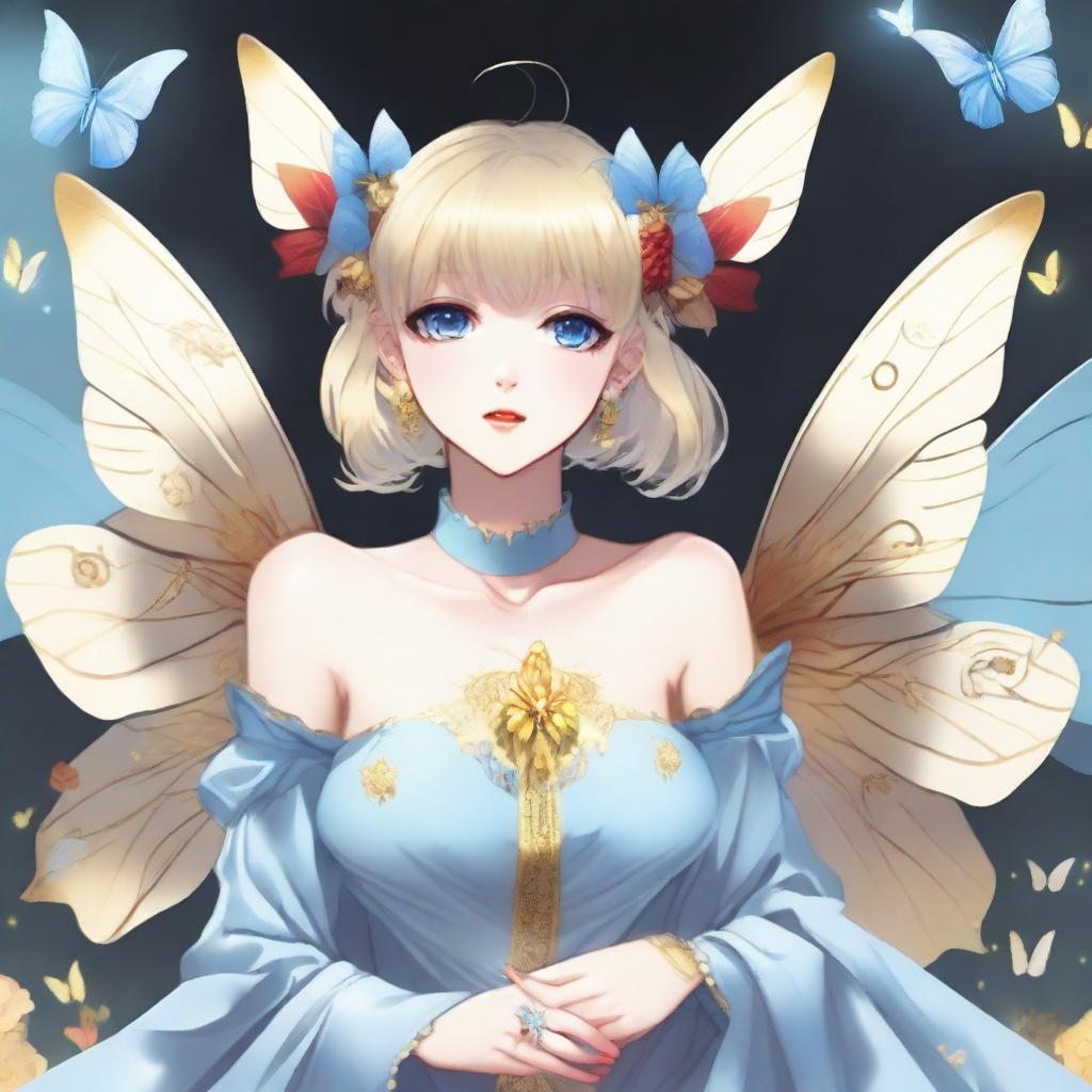 A fair-skinned slender tall anime woman with short blonde silver hair, adorned with gold butterfly clips and front bangs, and gold butterfly earrings