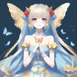 A fair-skinned slender tall anime woman with short blonde silver hair, adorned with gold butterfly clips and front bangs, and gold butterfly earrings