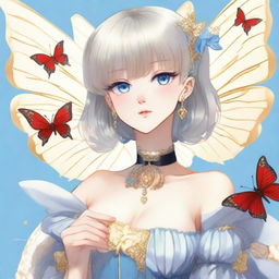 A fair-skinned slender tall anime woman with short blonde silver hair, adorned with gold butterfly clips and front bangs, and gold butterfly earrings