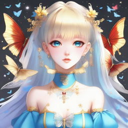 A fair-skinned slender tall anime woman with short blonde silver hair, adorned with gold butterfly clips and front bangs, and gold butterfly earrings