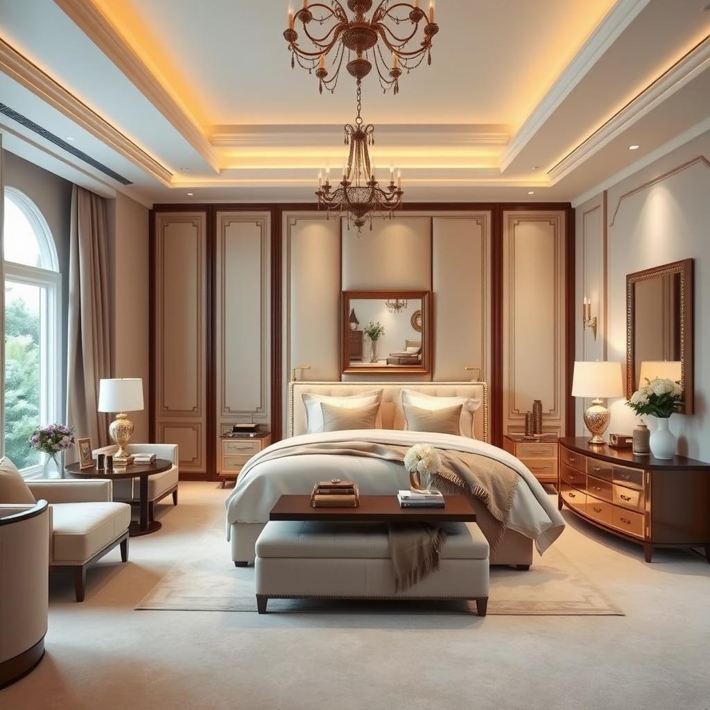 Create a master bedroom with a luxurious and elegant design