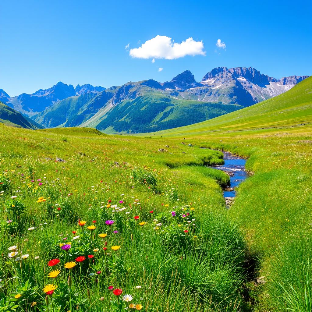 A serene landscape featuring a lush green meadow with colorful wildflowers, a clear blue sky, and a gentle stream flowing through the scene