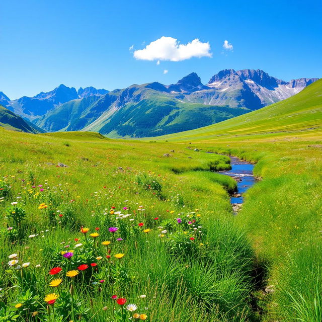 A serene landscape featuring a lush green meadow with colorful wildflowers, a clear blue sky, and a gentle stream flowing through the scene