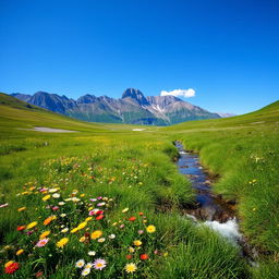 A serene landscape featuring a lush green meadow with colorful wildflowers, a clear blue sky, and a gentle stream flowing through the scene