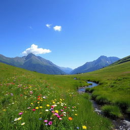 A serene landscape featuring a lush green meadow with colorful wildflowers, a clear blue sky, and a gentle stream flowing through the scene