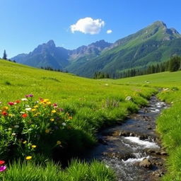 A serene landscape featuring a lush green meadow with colorful wildflowers, a clear blue sky, and a gentle stream flowing through the scene