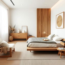 Create a master bedroom in Japandi style, blending Japanese minimalism with Scandinavian functionality