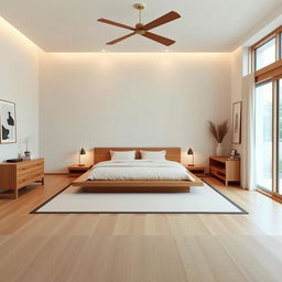 Create a master bedroom in Japandi style, blending Japanese minimalism with Scandinavian functionality