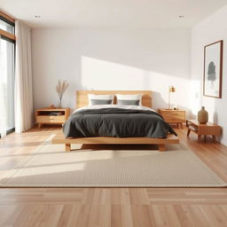 Create a master bedroom in Japandi style, blending Japanese minimalism with Scandinavian functionality