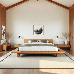 Create a master bedroom in Japandi style, blending Japanese minimalism with Scandinavian functionality