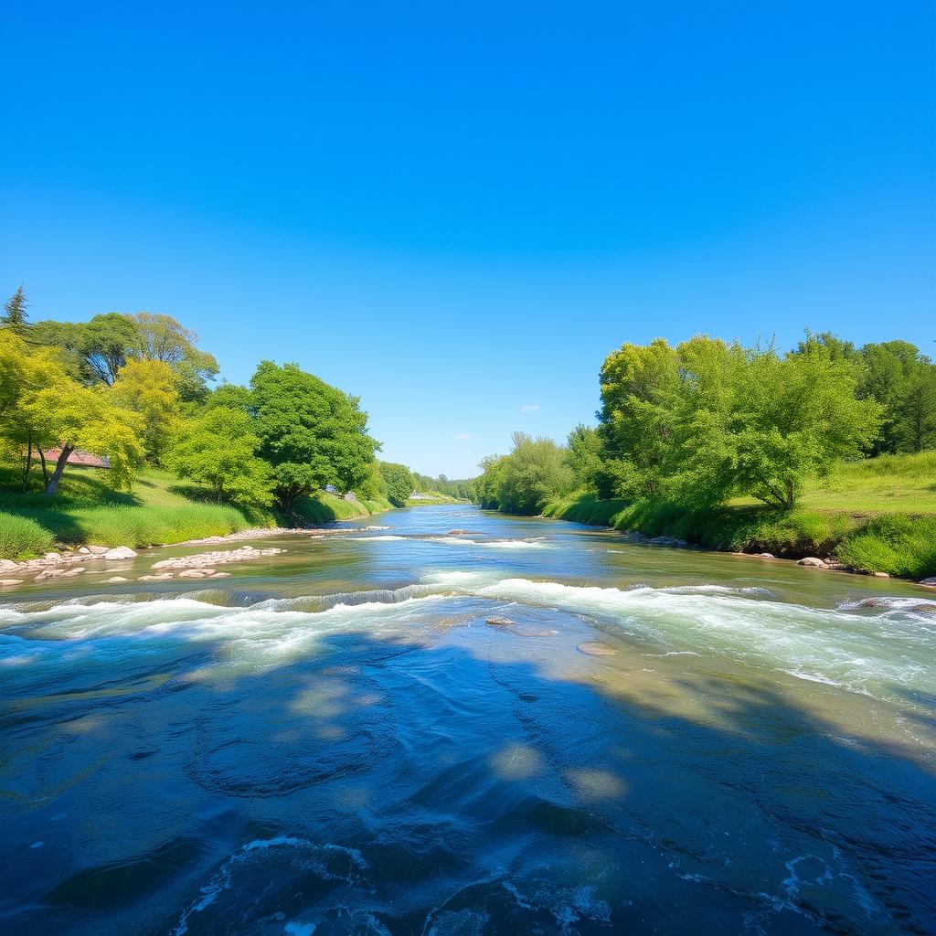 Create an image of a serene landscape with a clear blue sky, a flowing river, and lush green trees