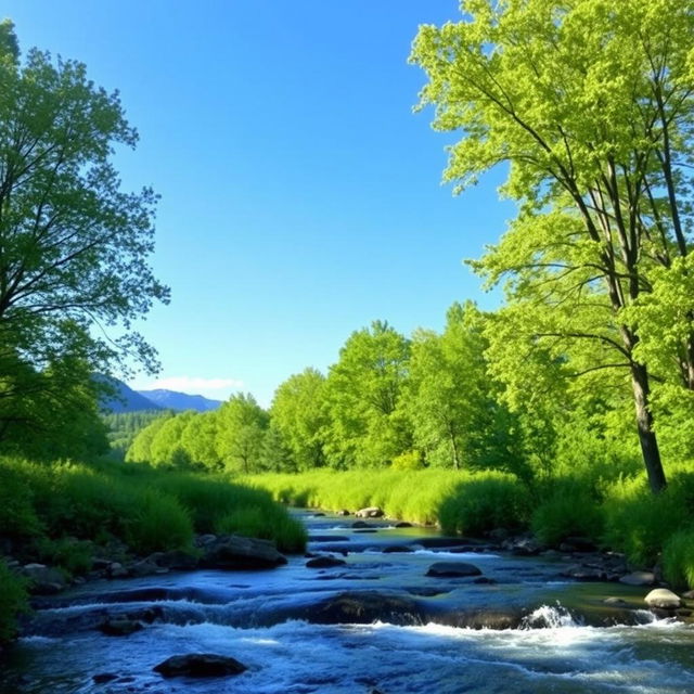 Create an image of a serene landscape with a clear blue sky, a flowing river, and lush green trees