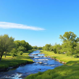 Create an image of a serene landscape with a clear blue sky, a flowing river, and lush green trees