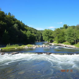 Create an image of a serene landscape with a clear blue sky, a flowing river, and lush green trees