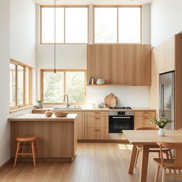 Create a serene and minimalist kitchen in Japandi style, blending Japanese and Scandinavian design elements