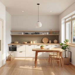 Create a serene and minimalist kitchen in Japandi style, blending Japanese and Scandinavian design elements