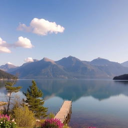 A beautiful landscape featuring a serene lake surrounded by mountains