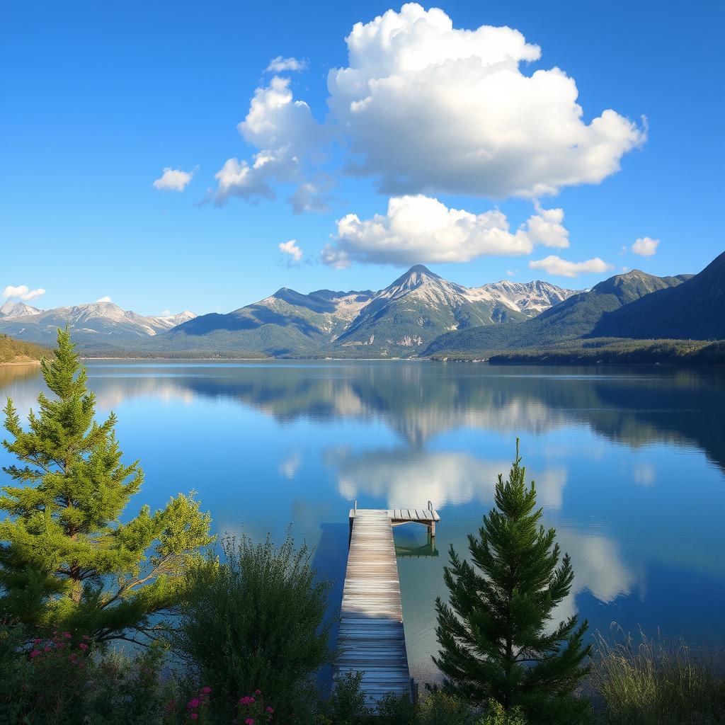 A beautiful landscape featuring a serene lake surrounded by mountains