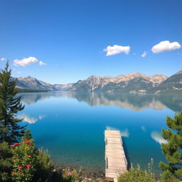 A beautiful landscape featuring a serene lake surrounded by mountains