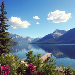 A beautiful landscape featuring a serene lake surrounded by mountains