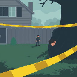 A pixel art scene set in the backyard of a house