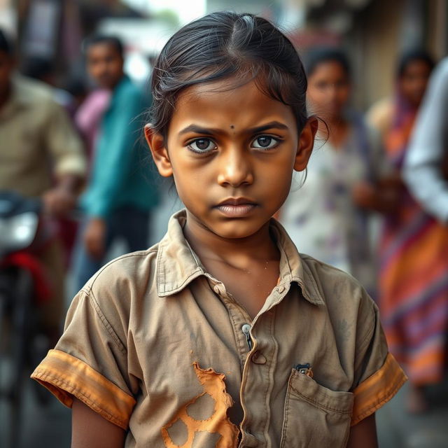 A 12-year-old Indian girl wearing a torn shirt, depicting her as a beggar