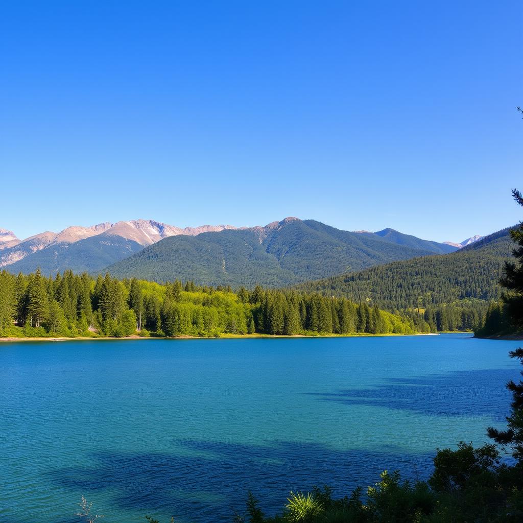 A beautiful landscape featuring a serene lake surrounded by lush green trees and mountains in the background under a clear blue sky