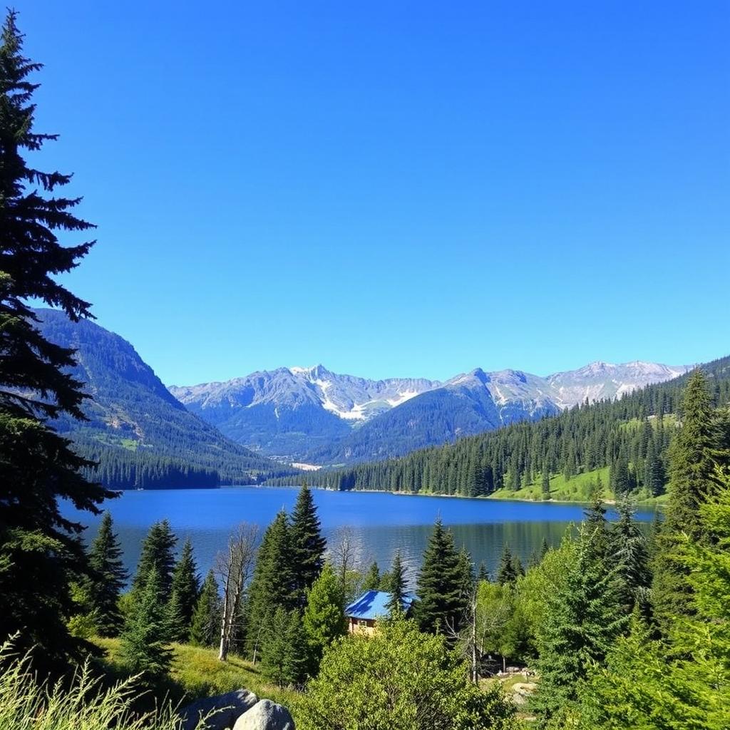 A beautiful landscape featuring a serene lake surrounded by lush green trees and mountains in the background under a clear blue sky