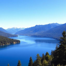 A beautiful landscape featuring a serene lake surrounded by lush green trees and mountains in the background under a clear blue sky