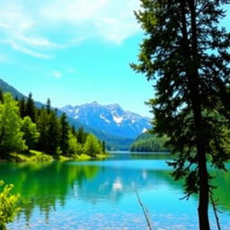 A beautiful landscape featuring a serene lake surrounded by lush green trees and mountains in the background under a clear blue sky