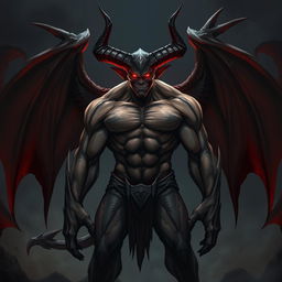 A powerful and intimidating demon guy standing in a dark, eerie environment with glowing red eyes, sharp horns, and dark, menacing wings