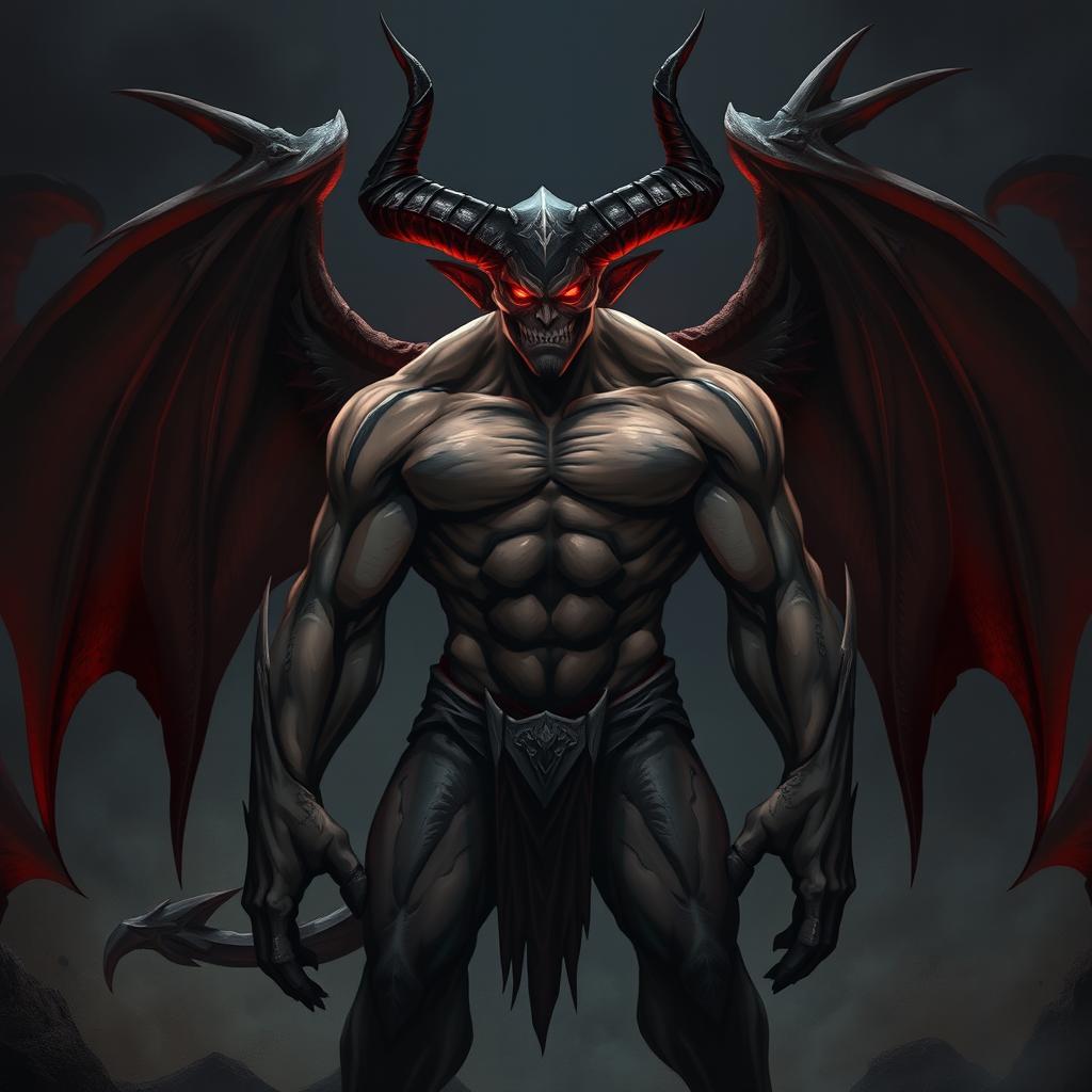 A powerful and intimidating demon guy standing in a dark, eerie environment with glowing red eyes, sharp horns, and dark, menacing wings