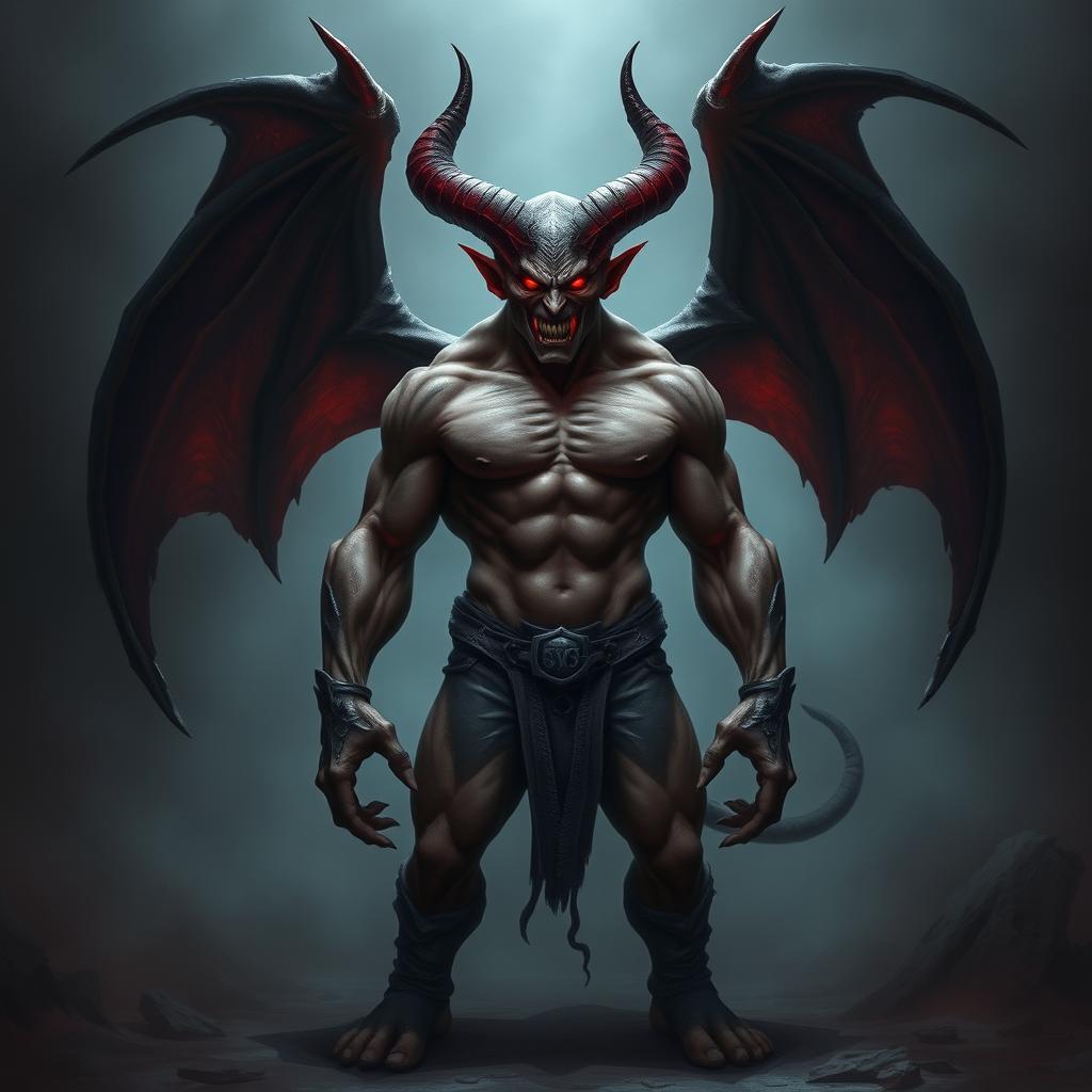 A powerful and intimidating demon guy standing in a dark, eerie environment with glowing red eyes, sharp horns, and dark, menacing wings