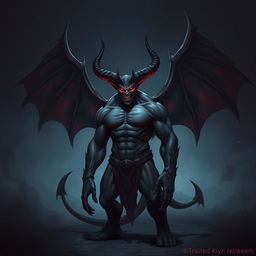 A powerful and intimidating demon guy standing in a dark, eerie environment with glowing red eyes, sharp horns, and dark, menacing wings