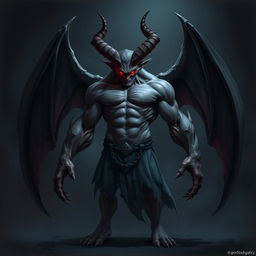 A powerful and intimidating demon guy standing in a dark, eerie environment with glowing red eyes, sharp horns, and dark, menacing wings