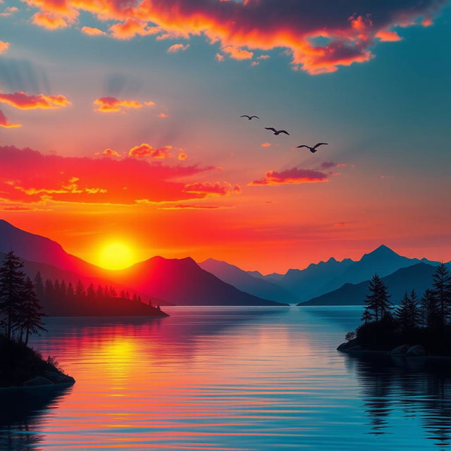 A serene landscape featuring a beautiful sunset over a calm lake, with mountains in the background and a few birds flying in the sky