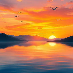 A serene landscape featuring a beautiful sunset over a calm lake, with mountains in the background and a few birds flying in the sky