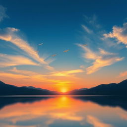 A serene landscape featuring a beautiful sunset over a calm lake, with mountains in the background and a few birds flying in the sky