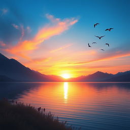 A serene landscape featuring a beautiful sunset over a calm lake, with mountains in the background and a few birds flying in the sky