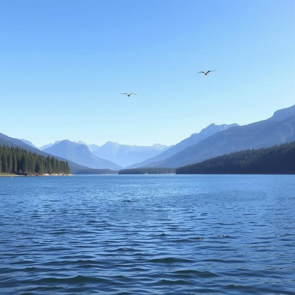 A beautiful landscape featuring a serene lake surrounded by lush forests and mountains in the background under a clear blue sky