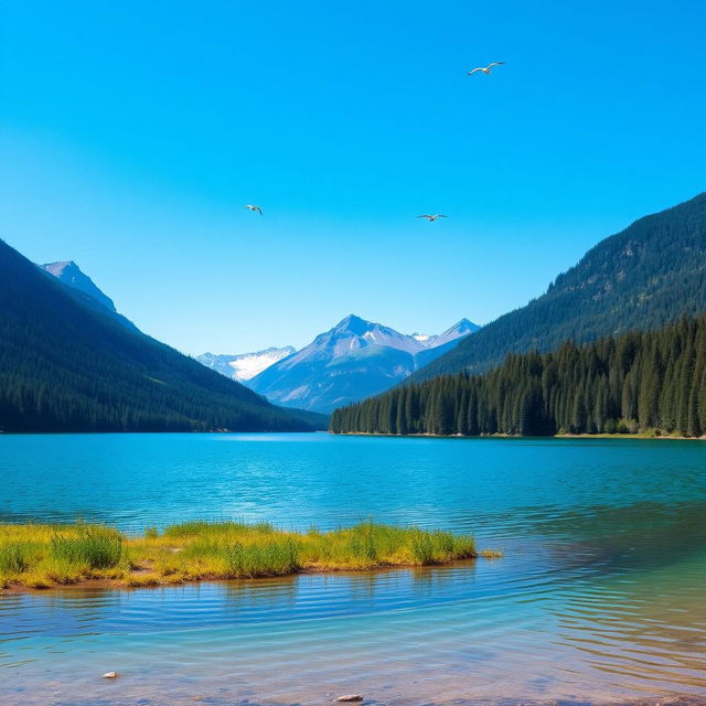 A beautiful landscape featuring a serene lake surrounded by lush forests and mountains in the background under a clear blue sky