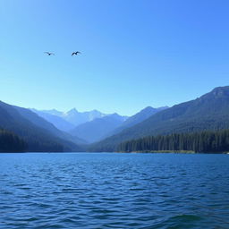 A beautiful landscape featuring a serene lake surrounded by lush forests and mountains in the background under a clear blue sky