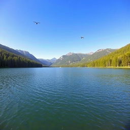 A beautiful landscape featuring a serene lake surrounded by lush forests and mountains in the background under a clear blue sky