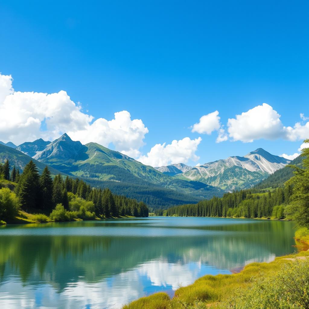 Generate a beautiful landscape featuring a serene lake surrounded by lush greenery and majestic mountains in the background, under a clear blue sky with fluffy white clouds